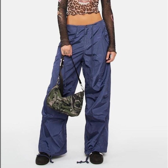 Edikted Pants - Edikted Navy Blue Nylon Parachute Pants Oversized Wide Leg Cargo Trousers M/L